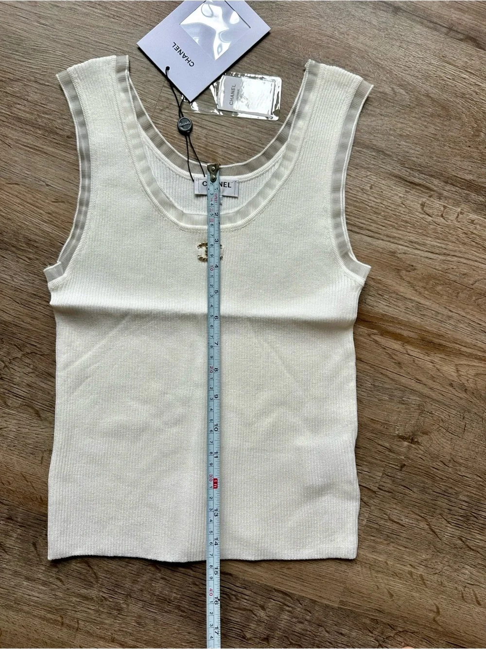 CHANEL Ivory Knit Tank Top with Gold CC Emblem